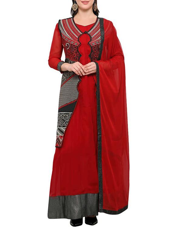maroon embroidered semi-stitched a-line suit - 14920860 -  Zoom Image - 0