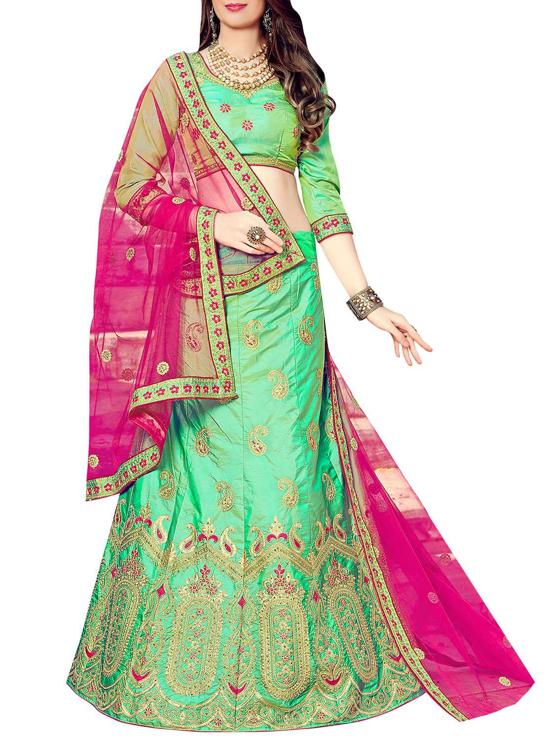 green silk aline lehenga