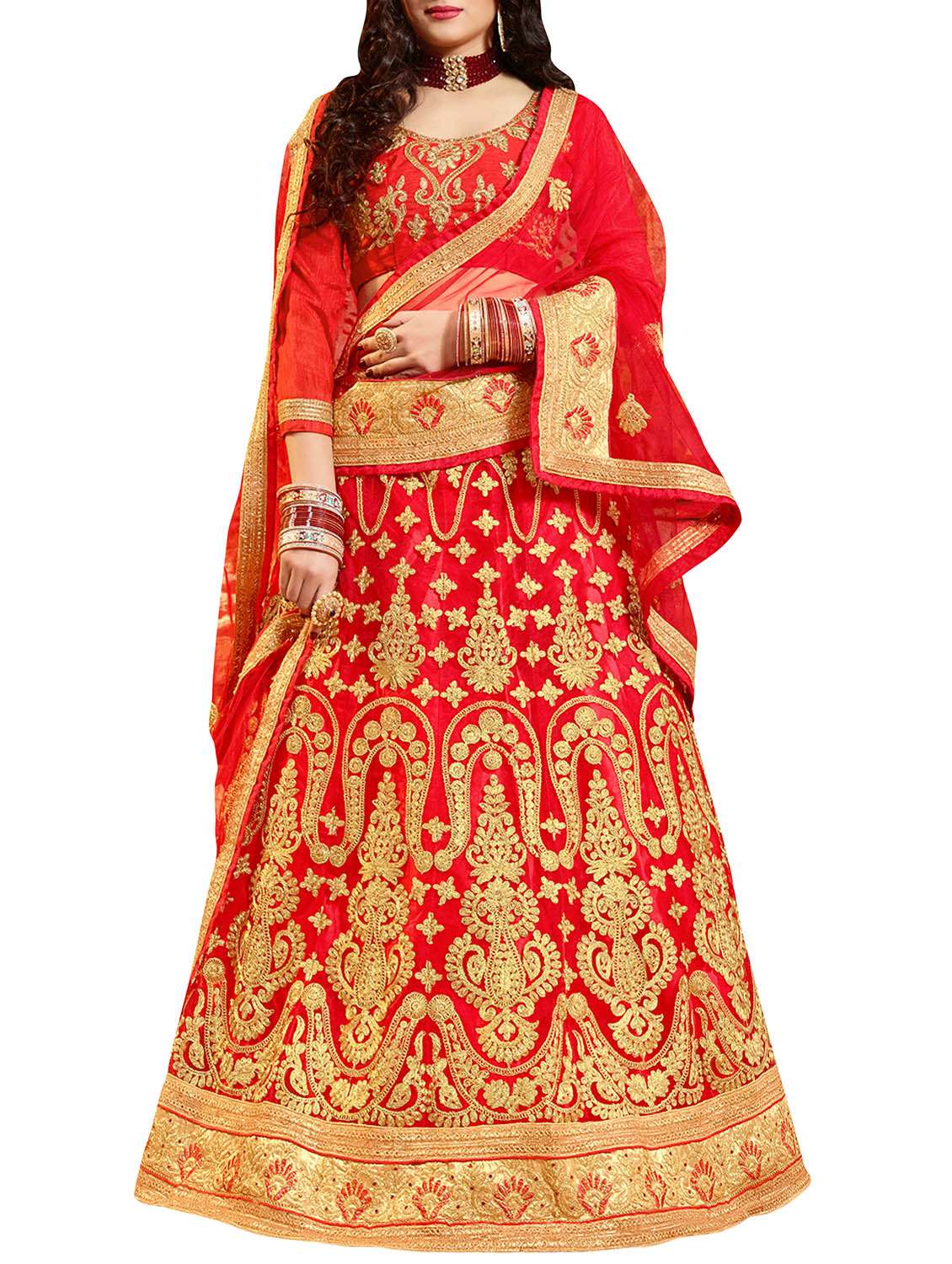 red silk flared lehenga