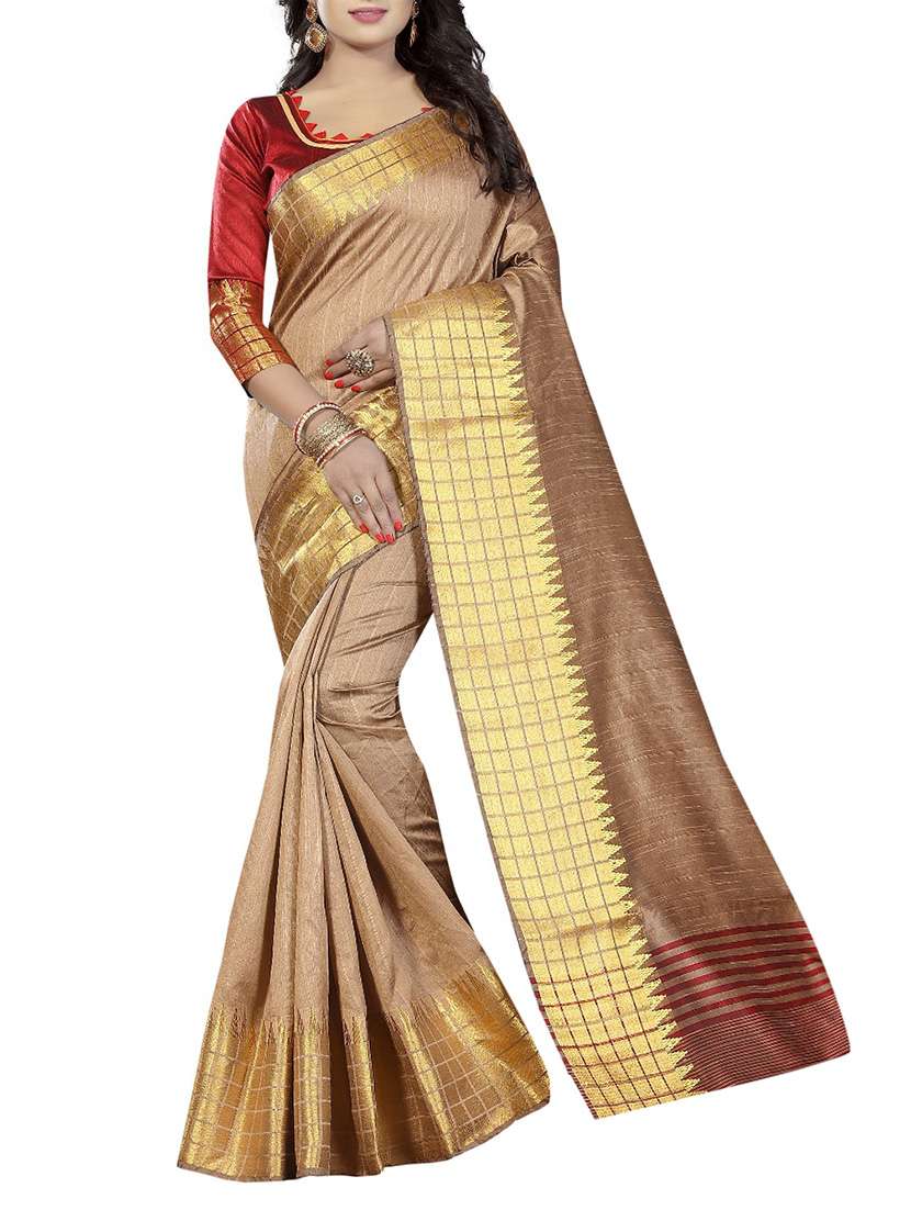 beige cotton silk woven saree with blouse - 14931346 -  Zoom Image - 0