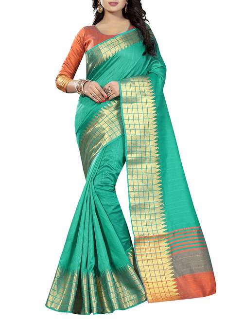 turquoise cotton silk woven saree with blouse - 14931350 -  Standard Image - 0