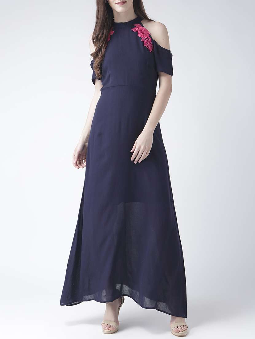 navy blue solid rayon maxi dress