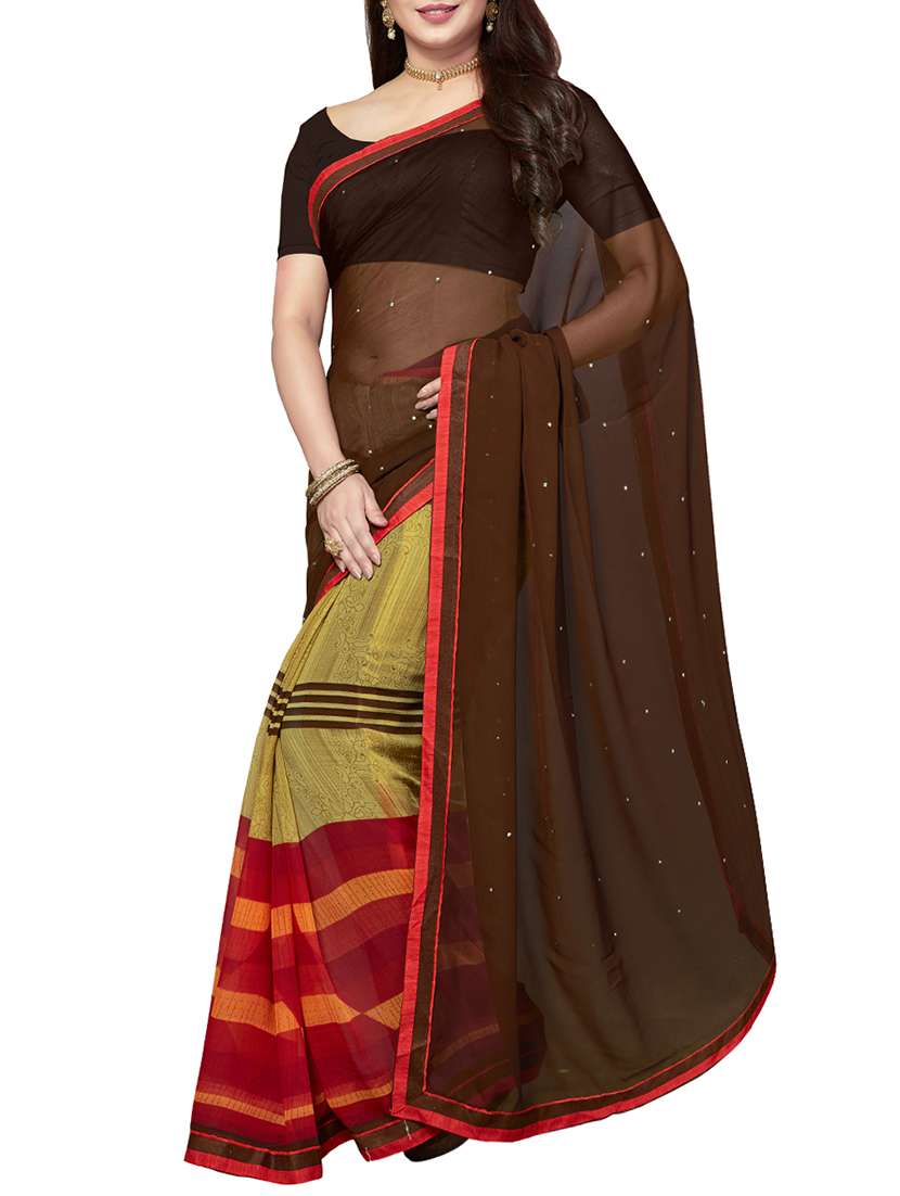 brown chiffon half & half saree with blouse