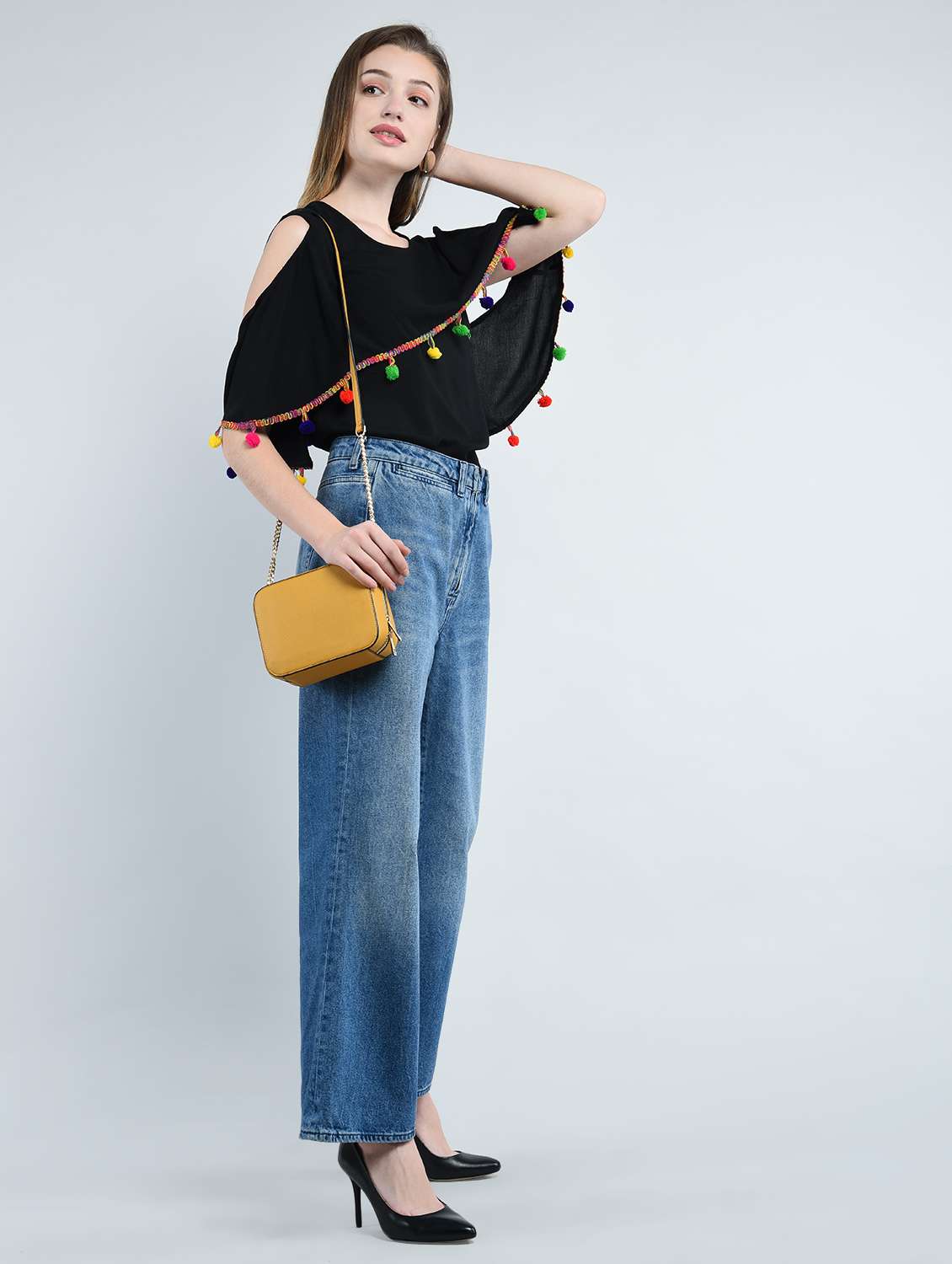 pom pom detail cold shoulder top - 14947074 -  Standard Image - 3