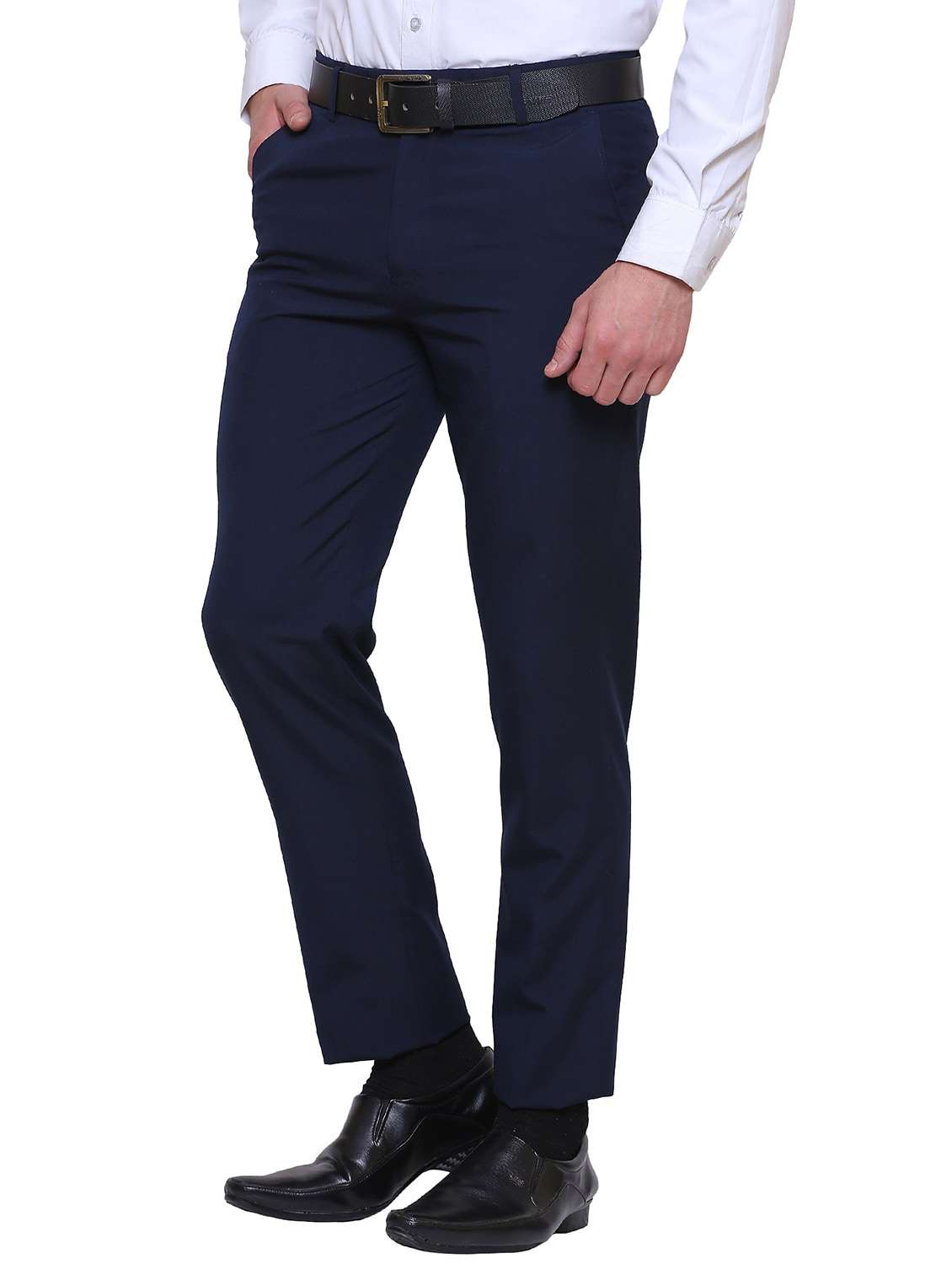 Navy Blue Solid Flat Front Formal Trouser