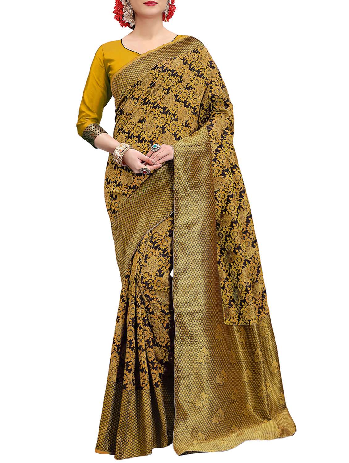 gold banarasi silk saree with blouse
