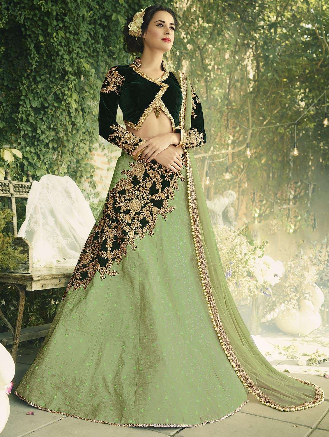 green velvet flared lehenga