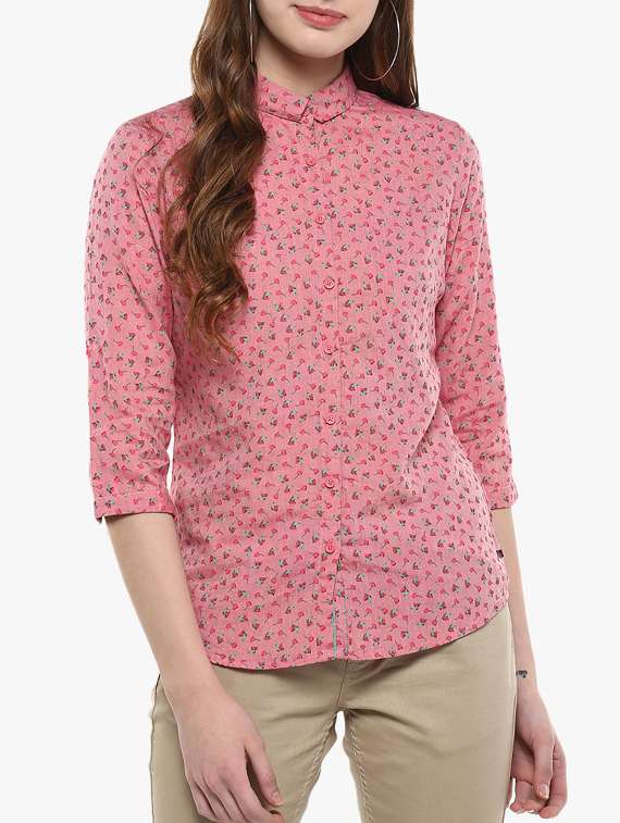 pink floral printed shirt