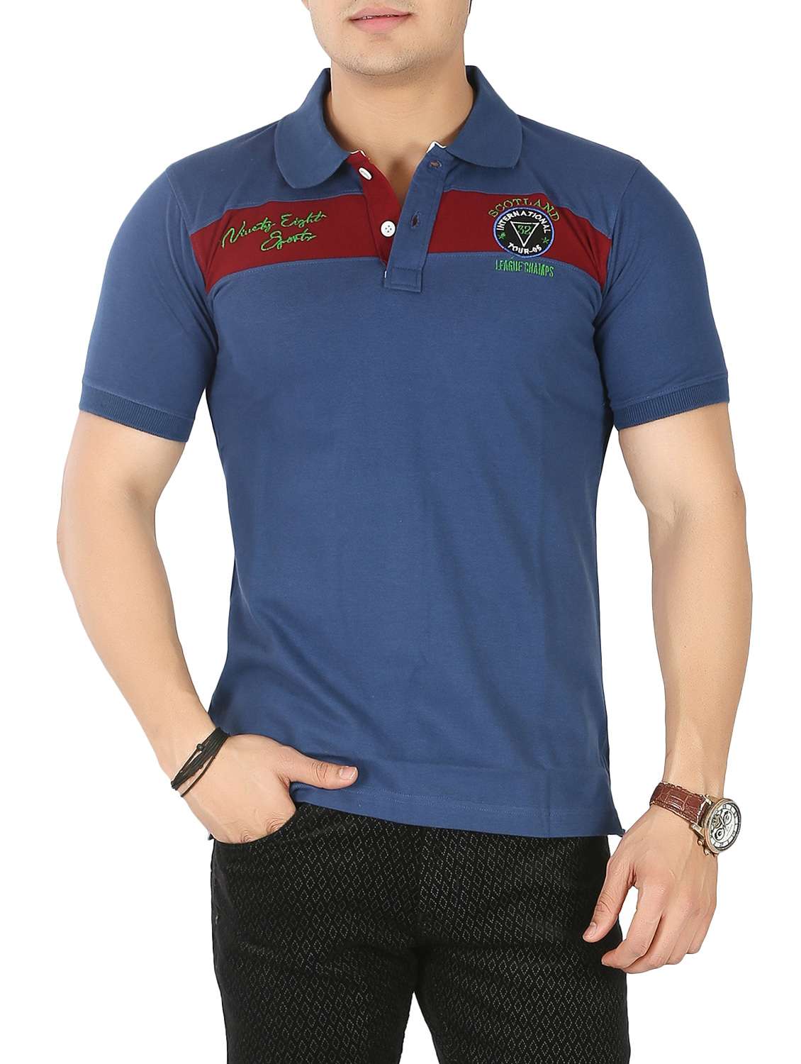 blue typographic chest print polo t-shirt