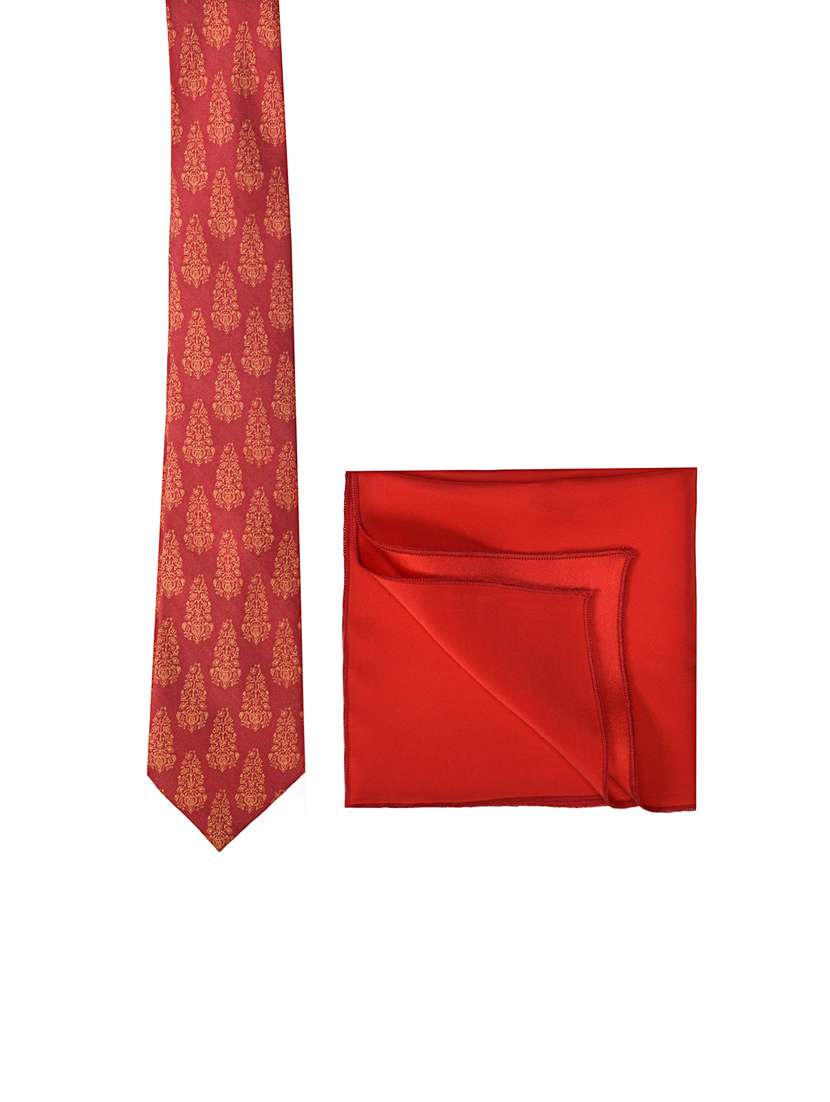 red silk tie with pocketsquare