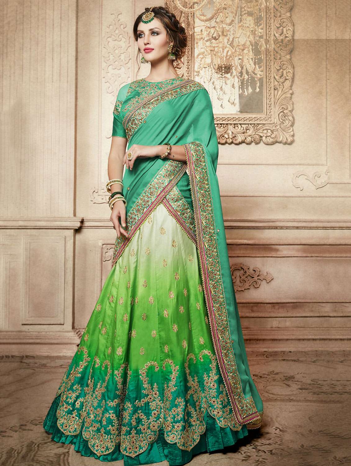 green silk flared lehenga