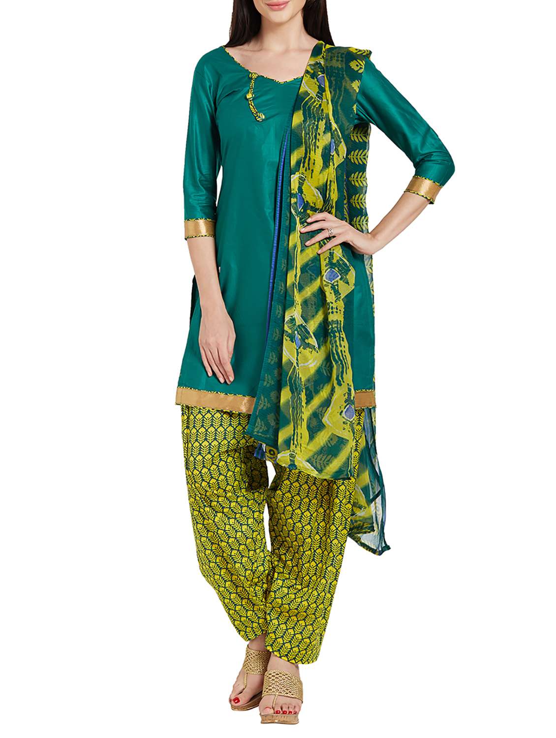 green cotton patiyala suits unstitched suit
