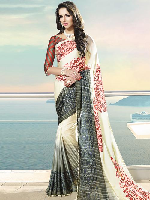 beige satin printed saree - 14968271 - Standard Image - 0