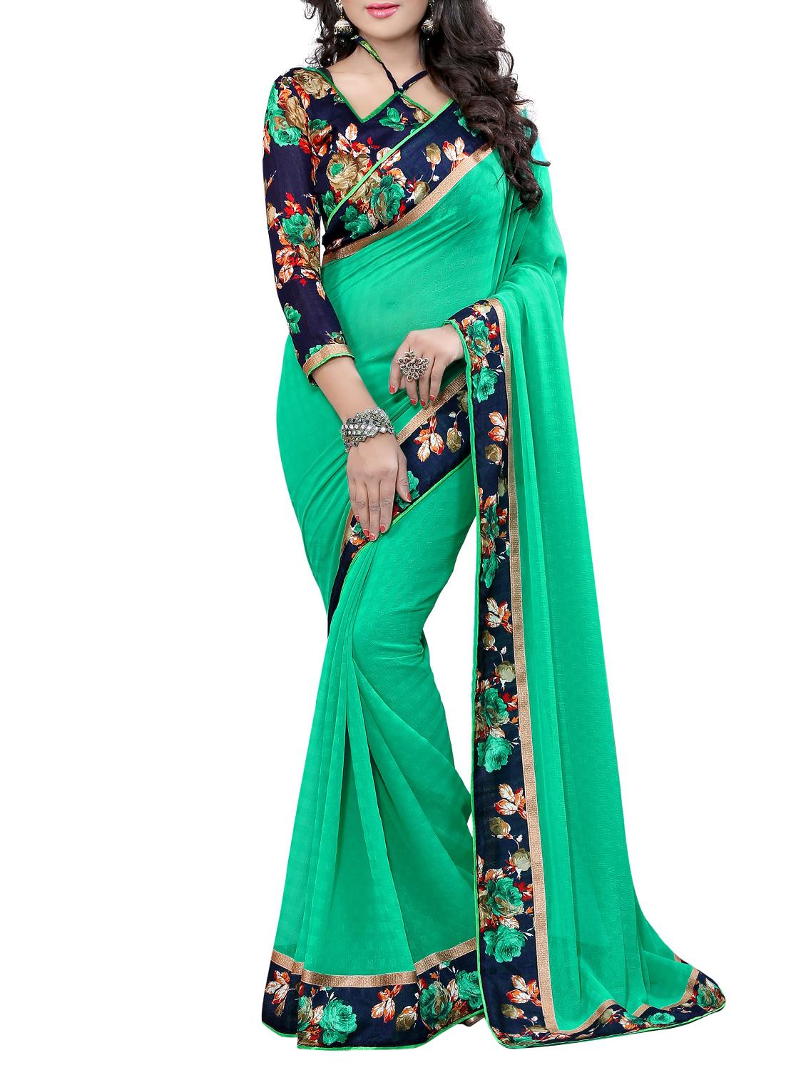 green chiffon bordered saree with blouse - 14974716 - Zoom Image - 0