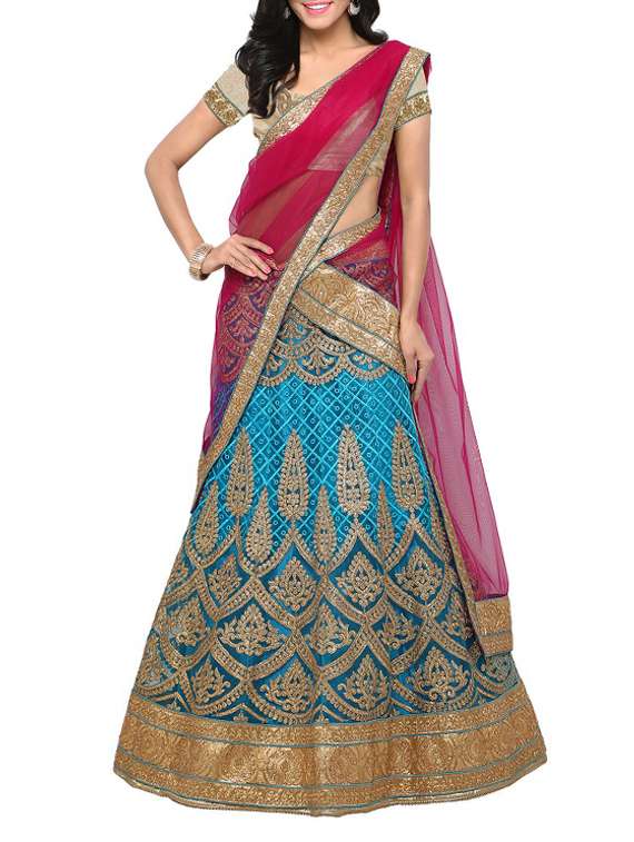 blue net aline lehenga