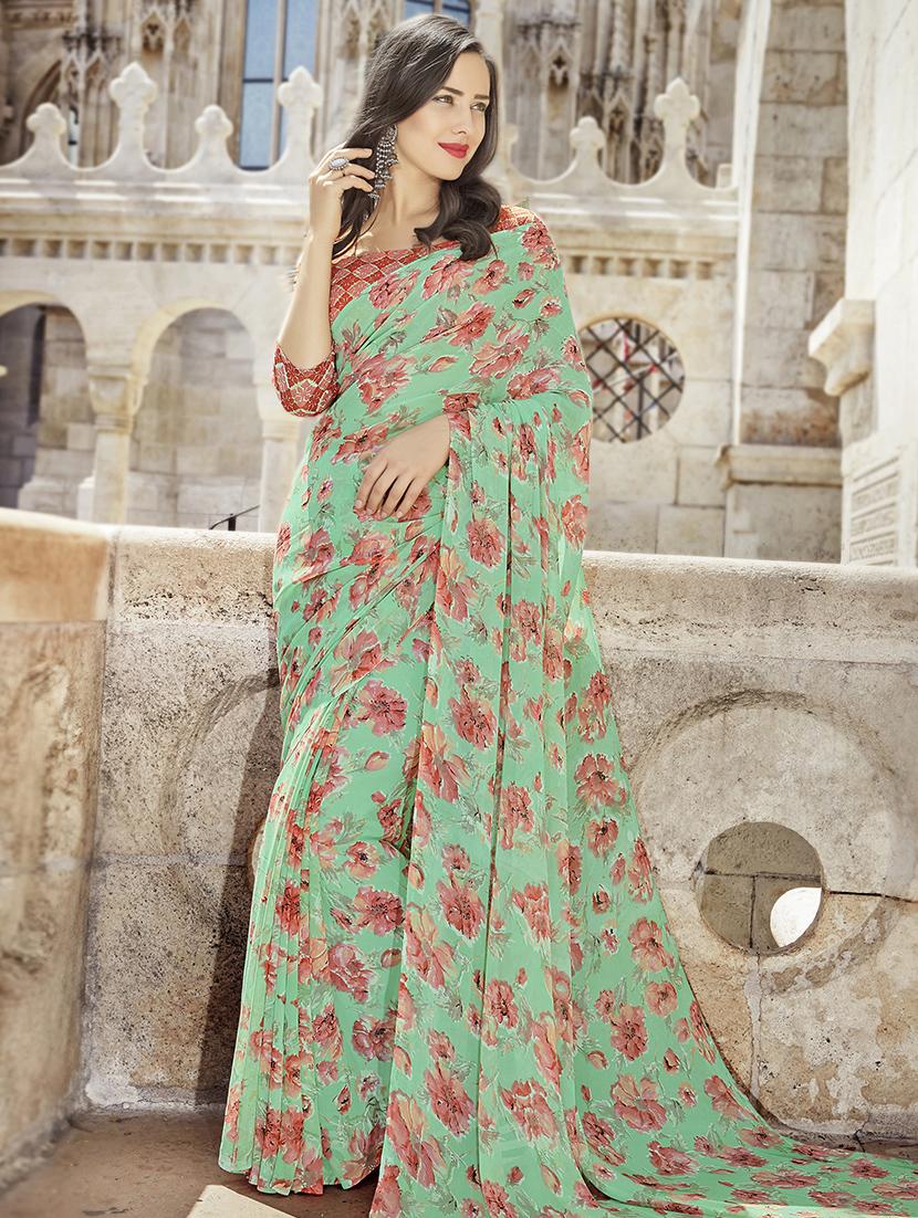turquoise georgette printed saree with blouse - 14986450 - Zoom Image - 0