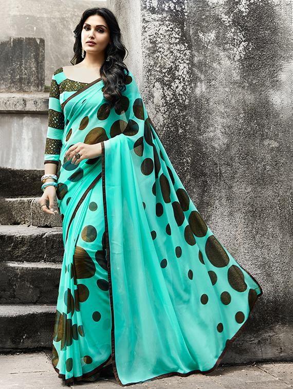 turquoise georgette printed saree with blouse - 14986469 -  Zoom Image - 0