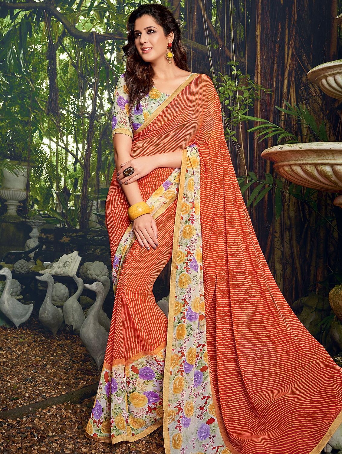 orange georgette printed saree - 14986476 - Zoom Image - 0