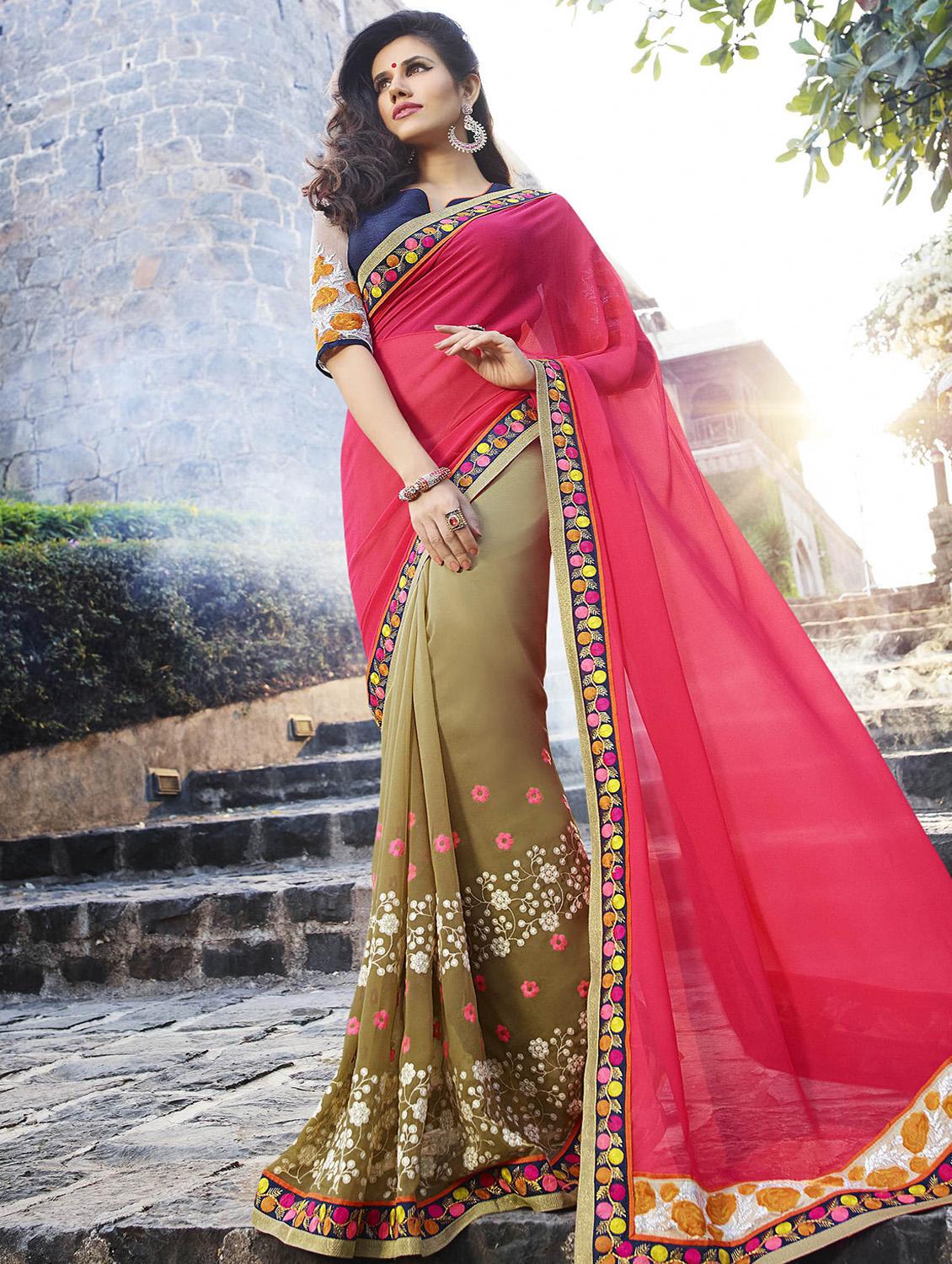 pink georgette half and half saree - 14986549 -  Zoom Image - 0