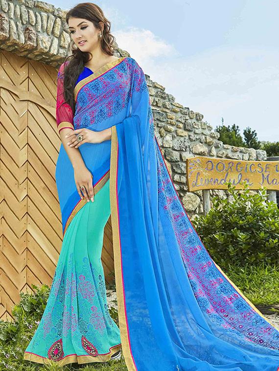 sky blue georgette half and half saree - 14986609 - Zoom Image - 0