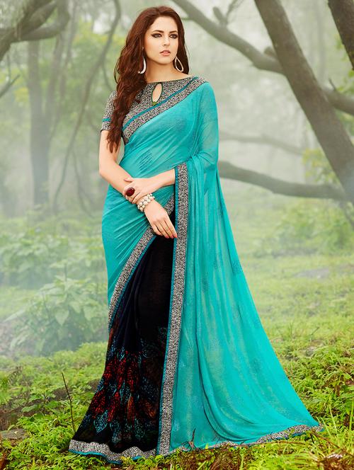 turquoise georgette half and half saree - 14986620 - Standard Image - 0