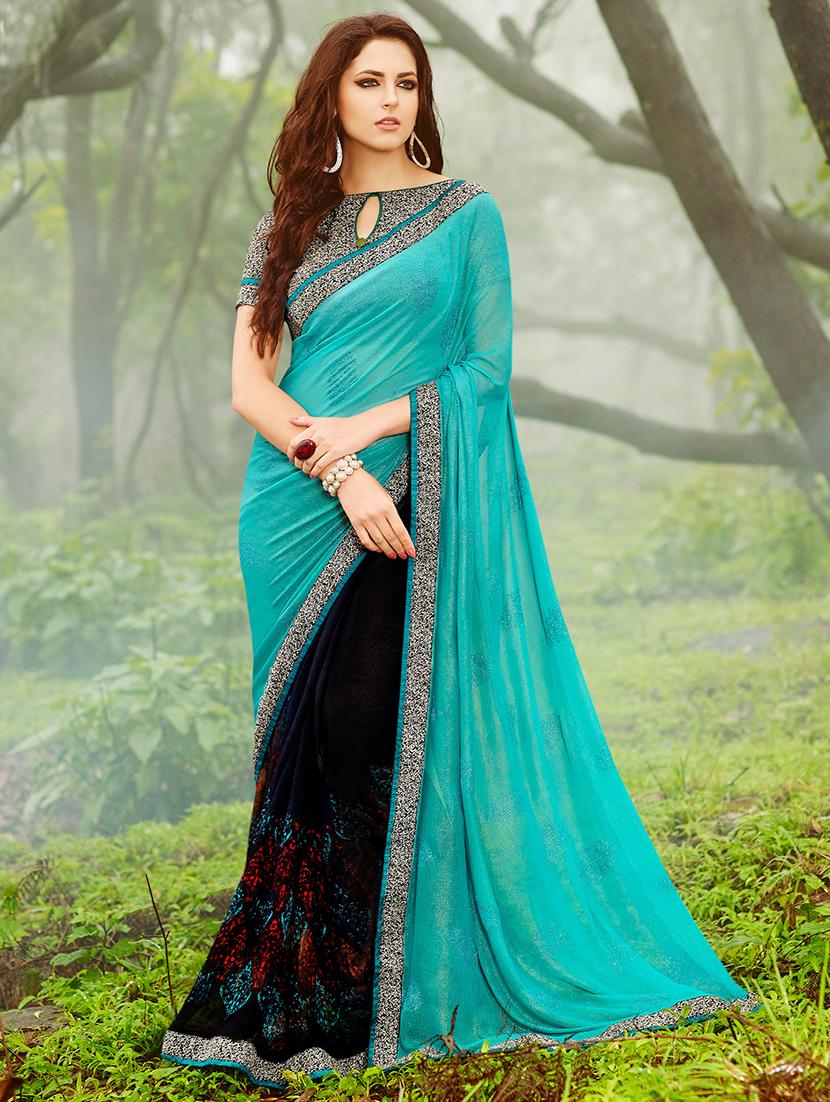 turquoise georgette half and half saree - 14986620 - Zoom Image - 0