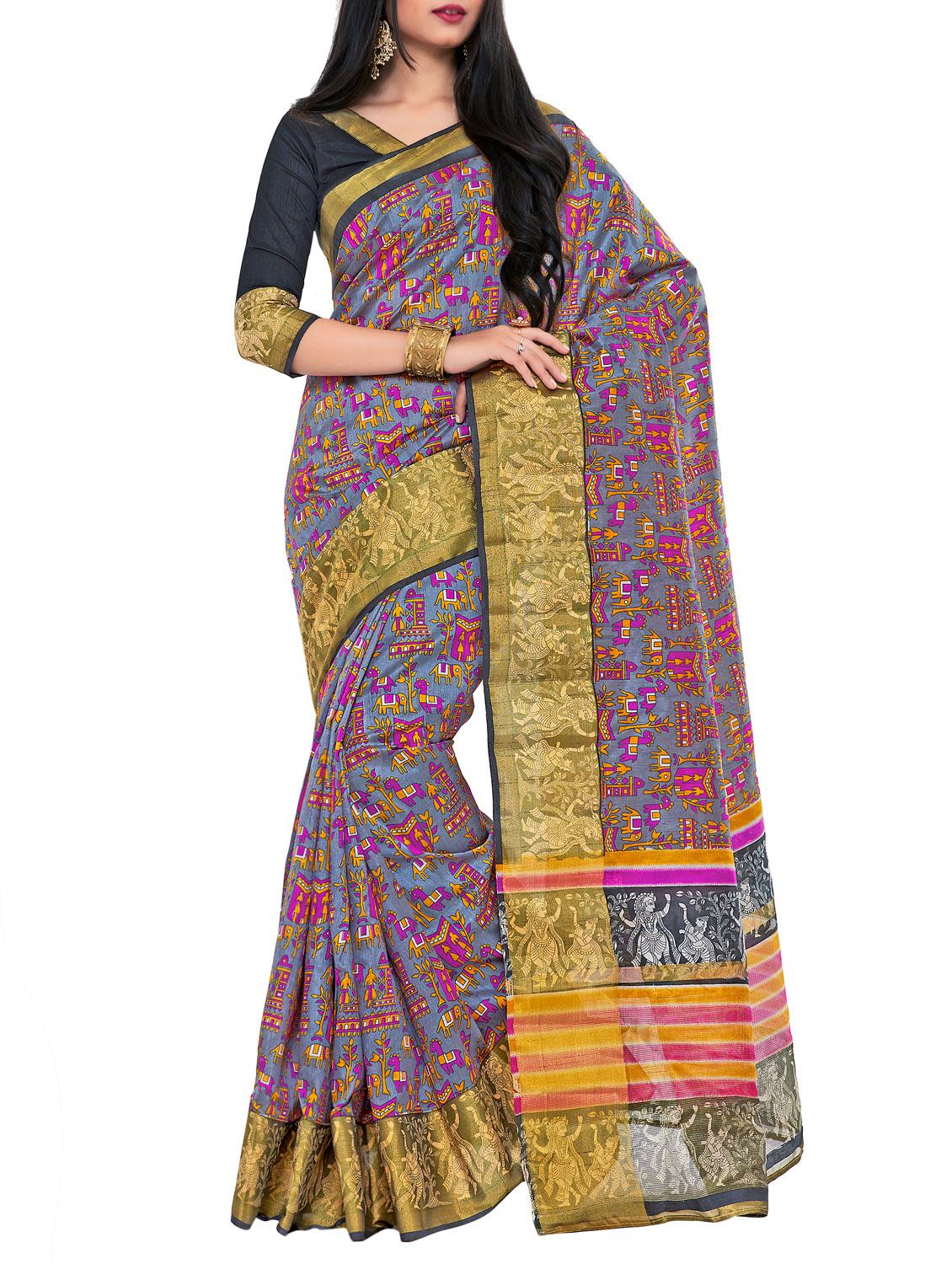 grey raw silk printed saree