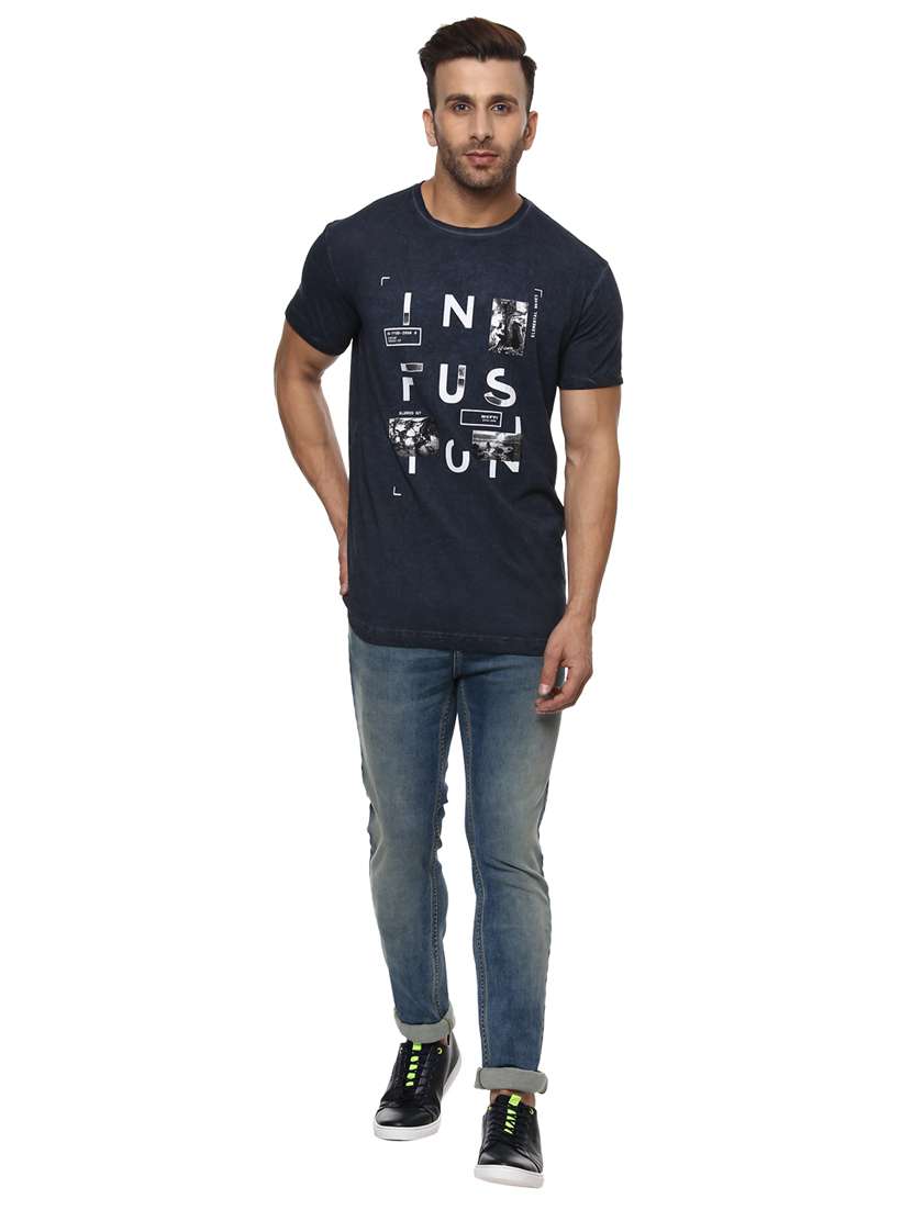 navy blue cotton chest print t-shirt - 14997292 -  Standard Image - 3