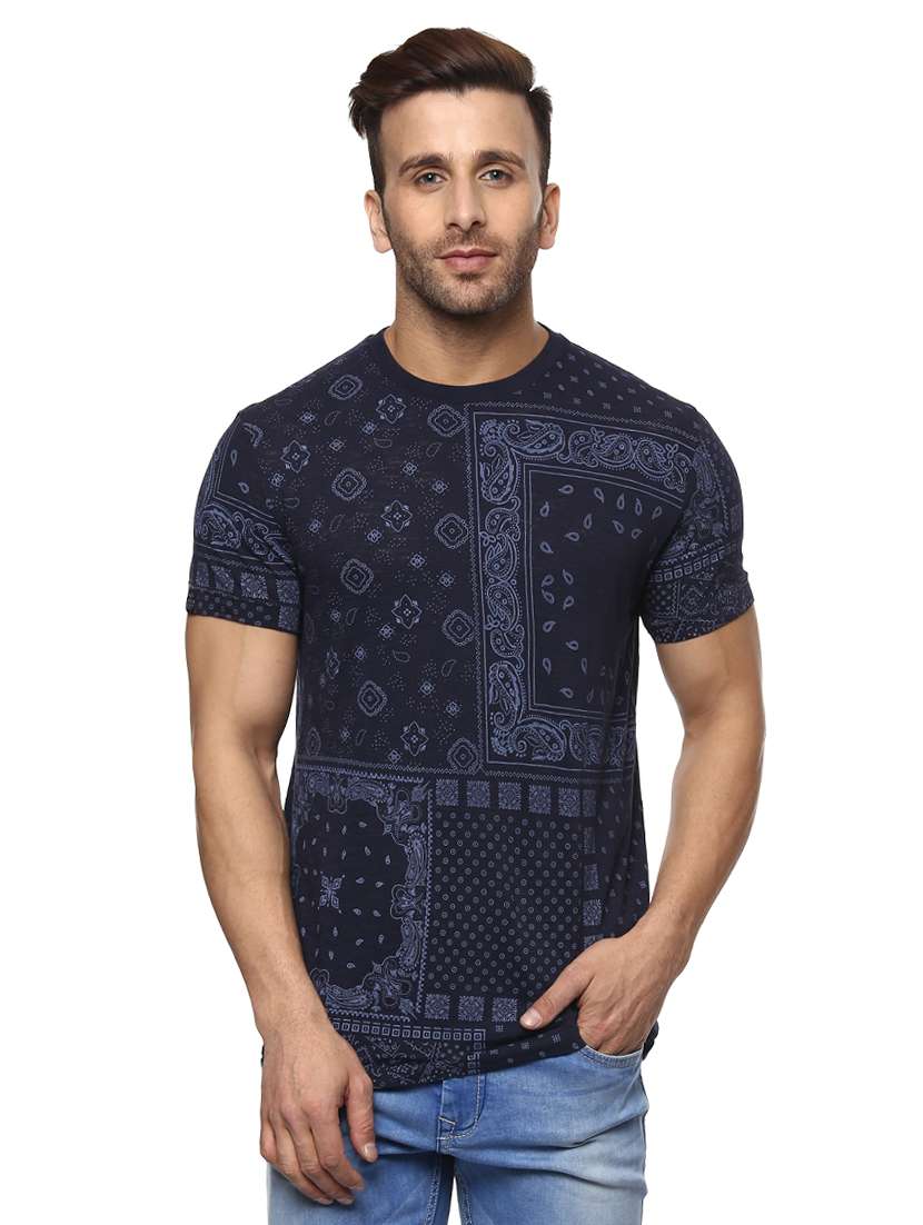 navy blue cotton all over print tshirt - 14997317 - Zoom Image - 0