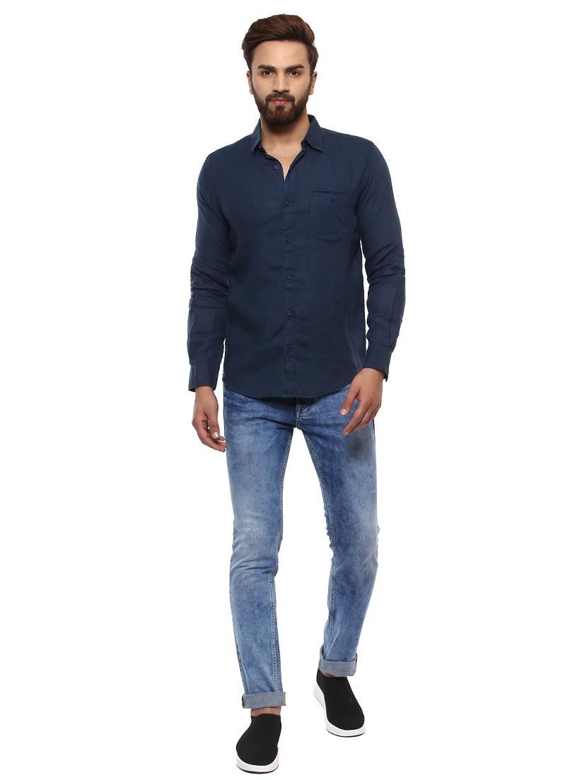 navy blue linen casual shirt - 14997370 - Standard Image - 3