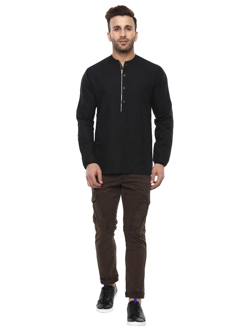 black linen short kurta - 14997492 - Standard Image - 3