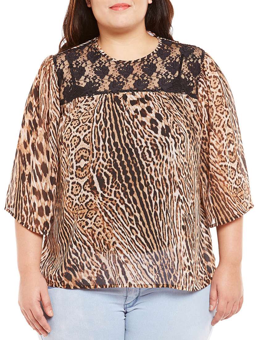 lace paneled animal print plus top - 14997832 -  Zoom Image - 0