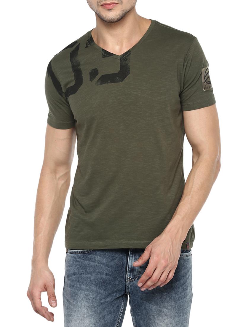 olive green cotton chest print tshirt - 15000967 - Zoom Image - 0