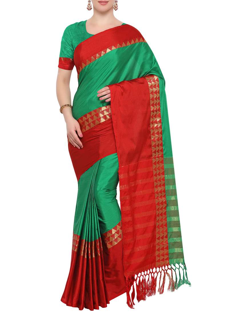 green cotton blend bordered saree with blouse