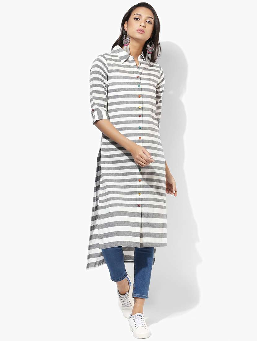 indian dobby white cotton high-low kurta