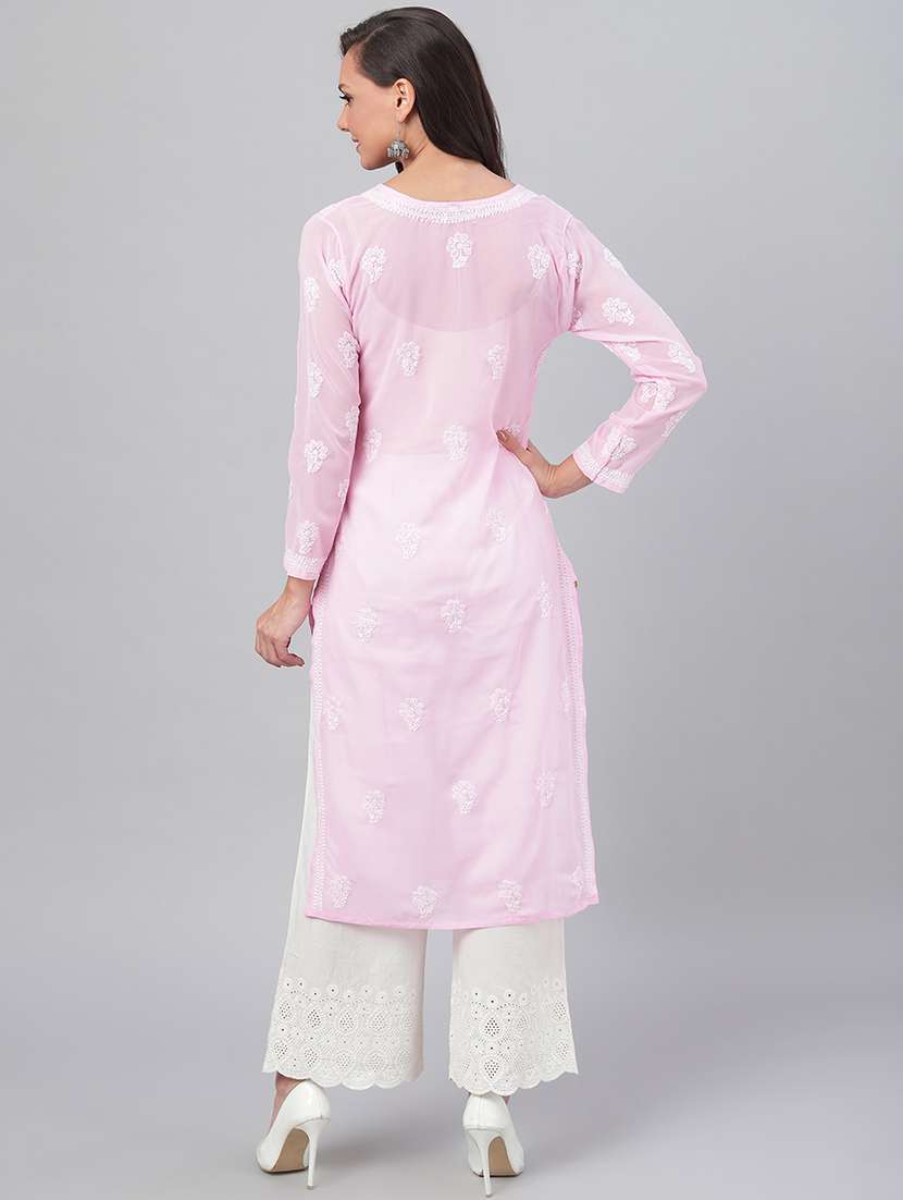 pink georgette long straight chikankari kurta  - 15006712 -  Standard Image - 3