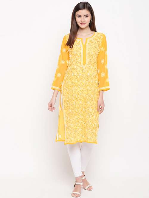 yellow georgette knee length chikankari kurta - 15006713 - Standard Image - 0