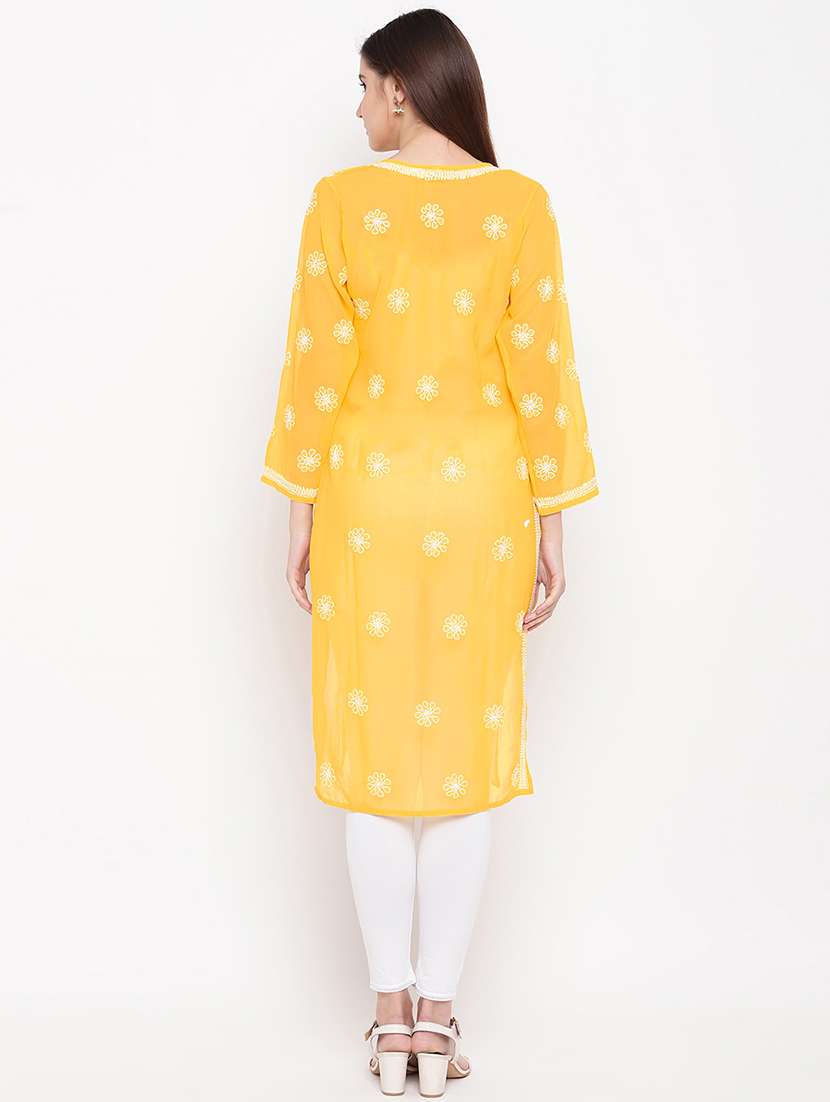 yellow georgette knee length chikankari kurta - 15006713 - Standard Image - 3