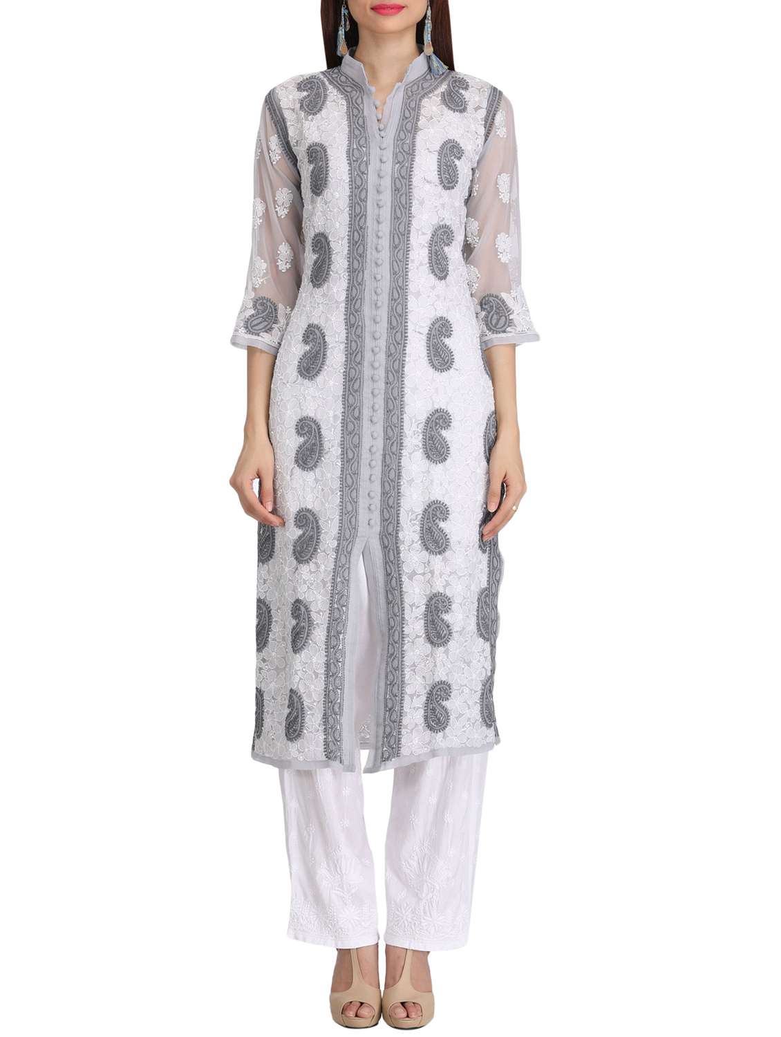 ada white georgette straight chikankari kurta