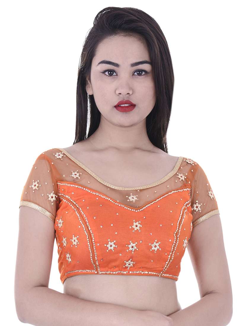 orange net embroidered blouse