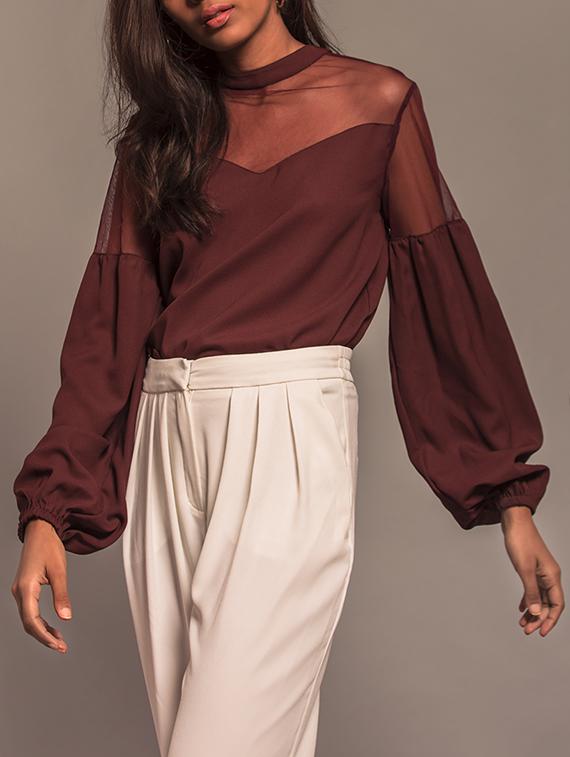 solid brown bishop sleeved top - 15029746 - Zoom Image - 0