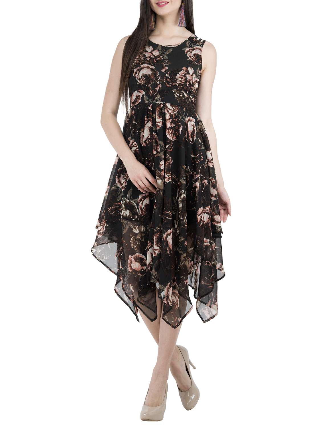 sleeveless floral asymmetric dress