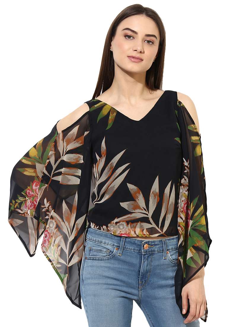 cold shoulder printed polyester top