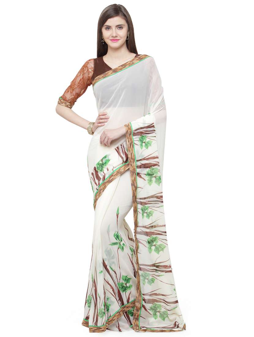 women's leaf print white colored saree