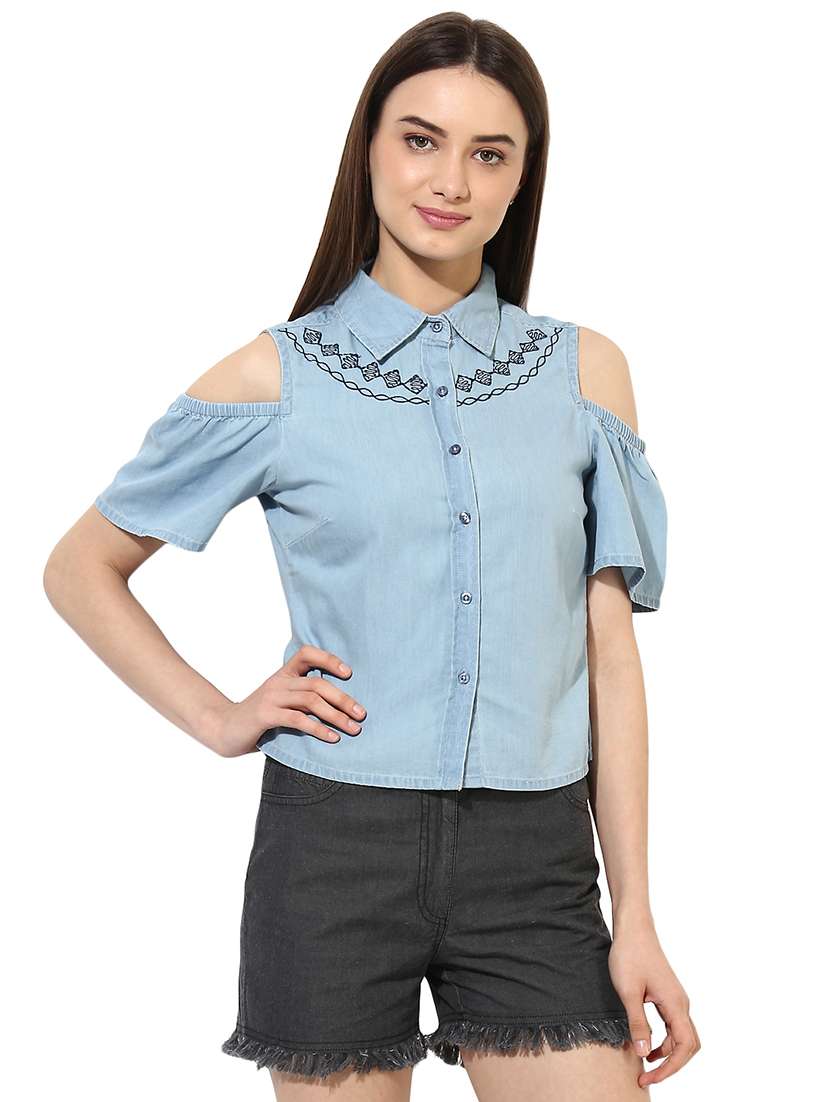 light blue denim cold shoulder shirt