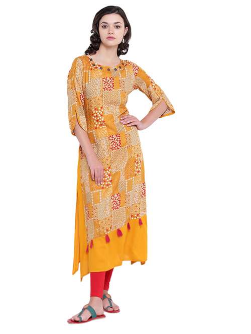 yellow rayon straight kurta - 15040156 - Standard Image - 0