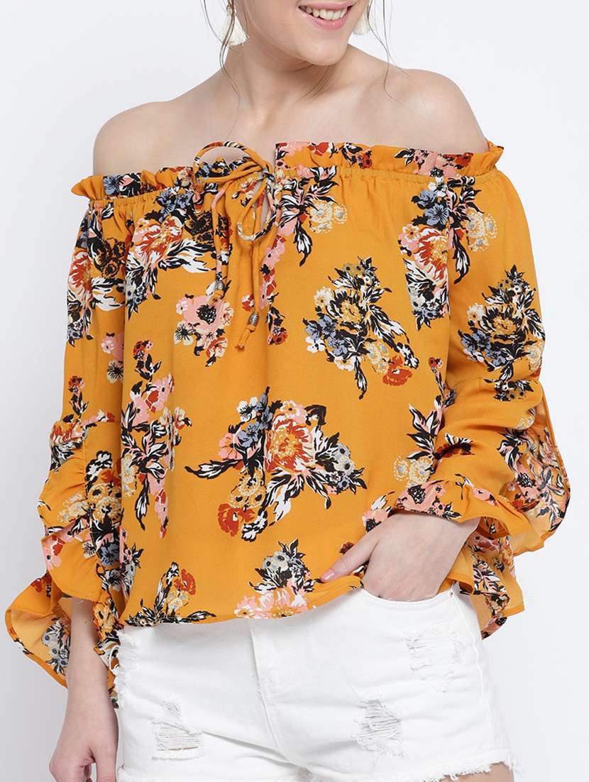 yellow printed off shoulder top