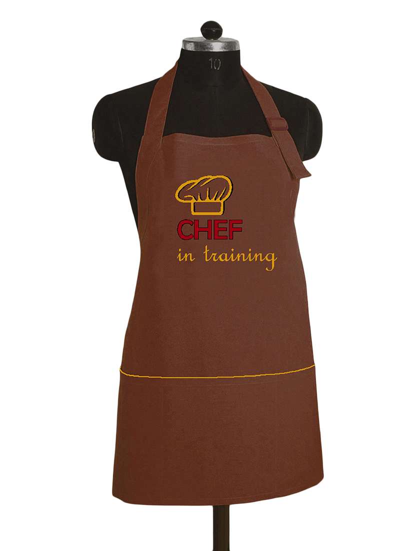 brown and yellow colour printed cotton apron