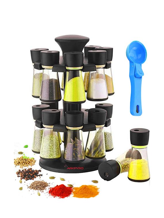 revolving spice rack with 16 jars and 1 multi purpose .