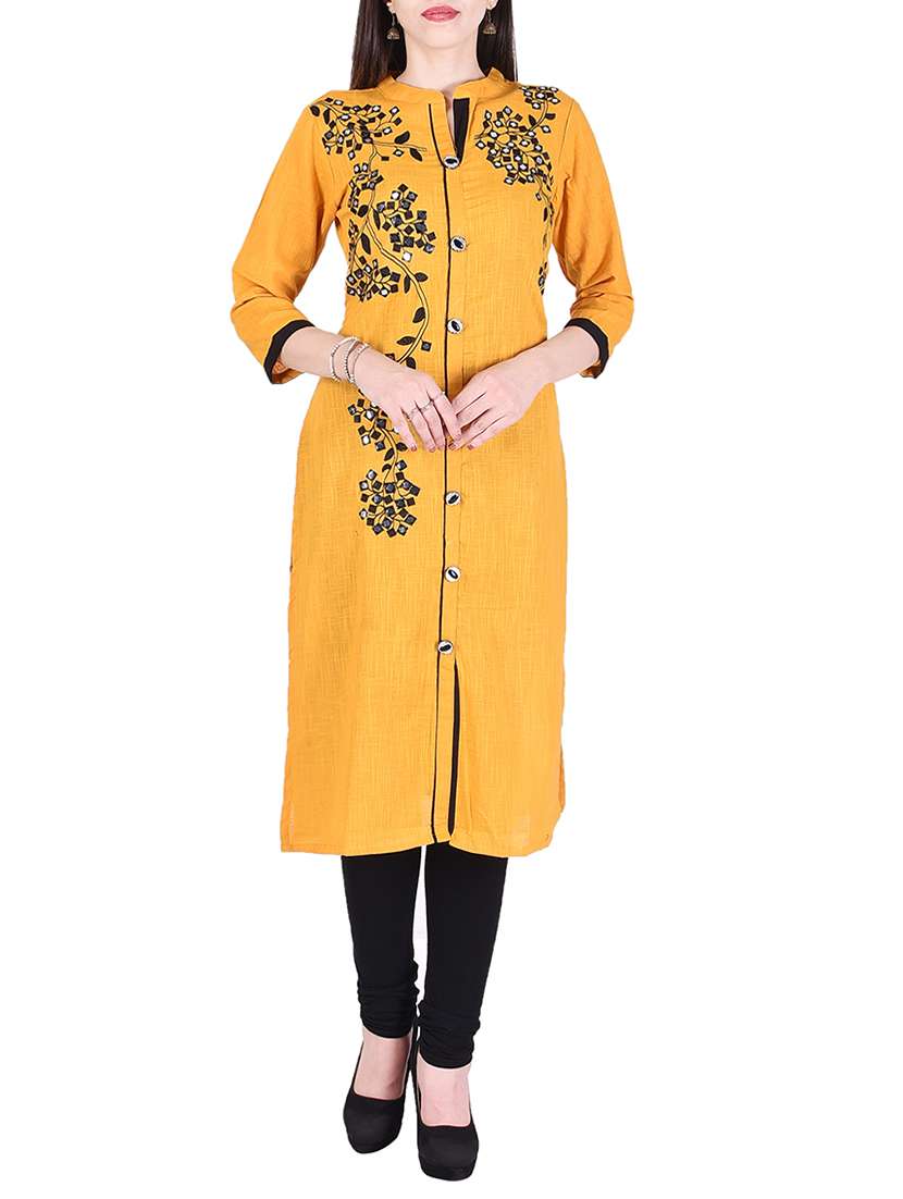 yellow cotton straight kurta - 15048411 -  Zoom Image - 0